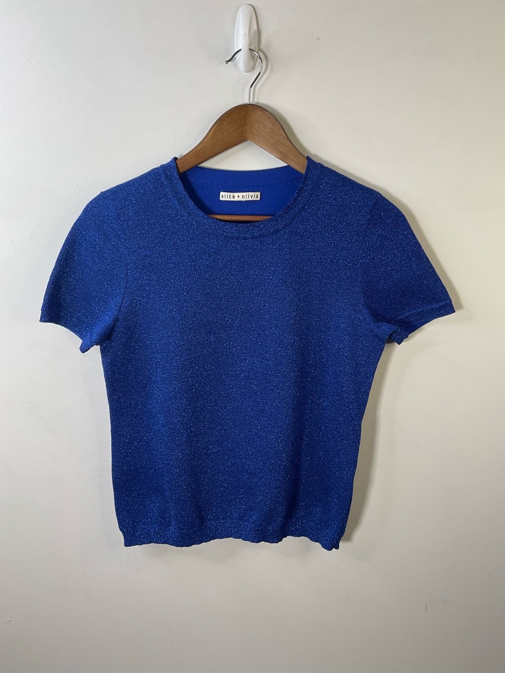 Alice + Olivia Sparkle Shimmer Royal Blue Short Sleeve Top Size Small